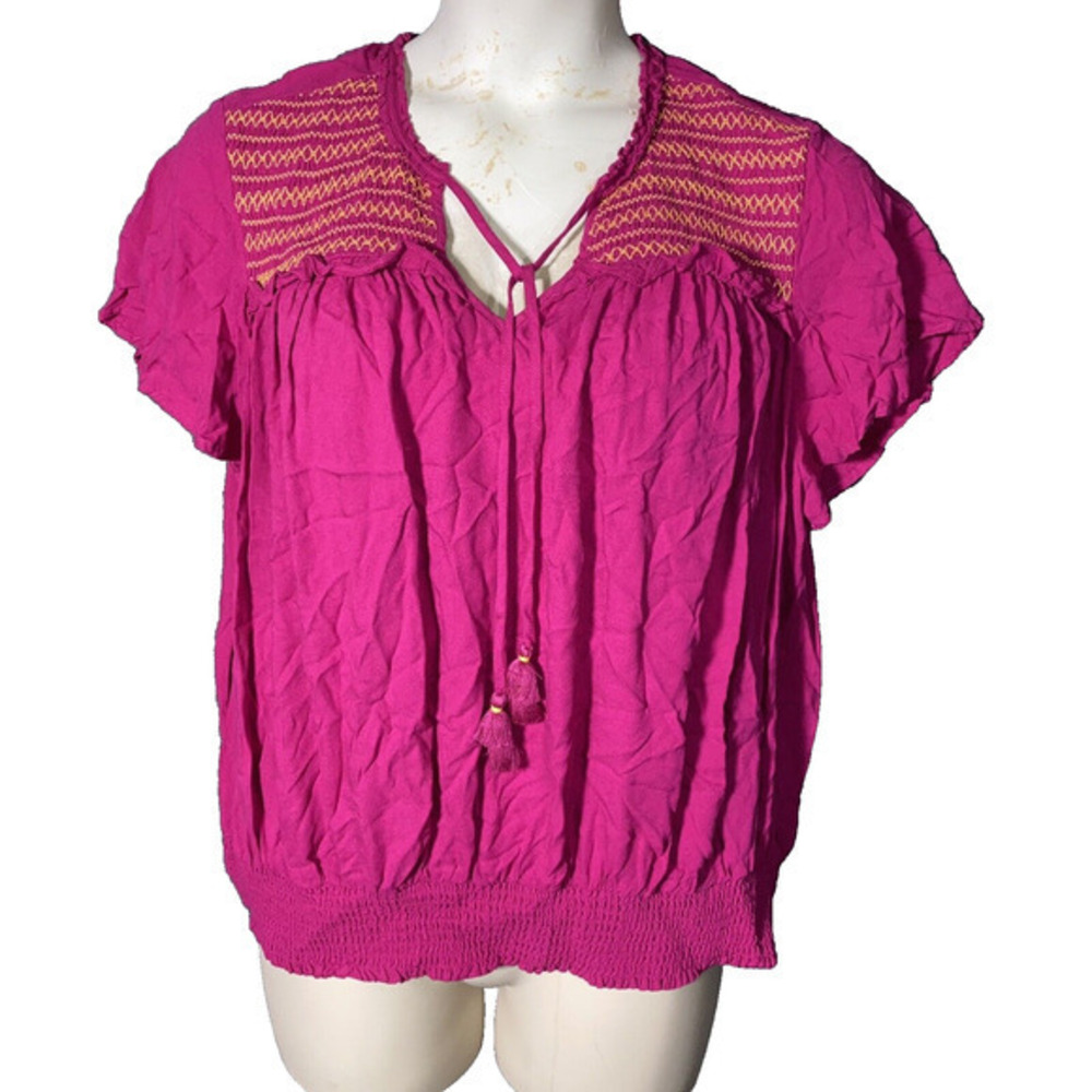 Crown&Ivy Women's 1X Barbie Core Pink V Neck Tassels Gathered Yolk Smock Blouse